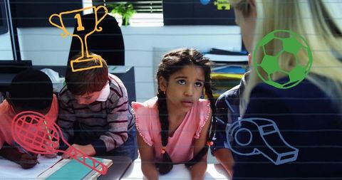 Diverse schoolchildren learning with teacher and educational icons