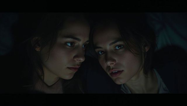 Cinematic closeup of two women sharing quiet gaze in moody bedroom lighting