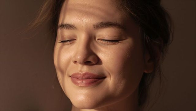 Young woman enjoying warm sunlight with closed eyes and soft smile, glowing complexion
