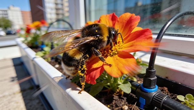 Macro bumblebee gathering pollen on vibrant orange flower in sunlit urban balcony planter