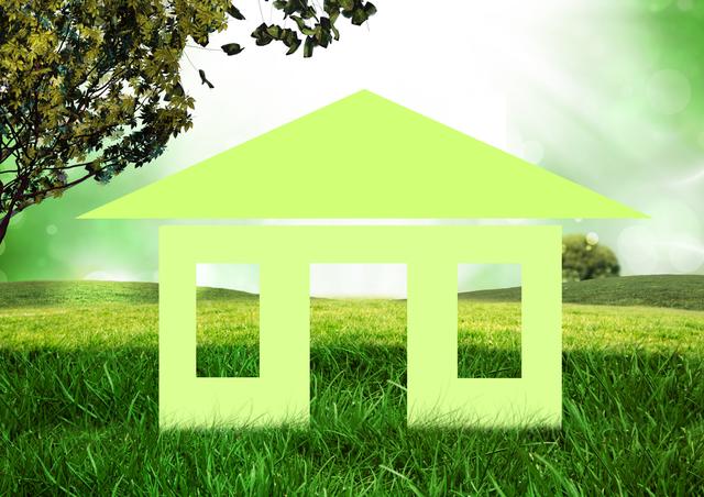 This image depicts a conceptual representation of an eco-friendly home with a cutout design placed in a lush green grassland. Ideal for use in environmental campaigns, sustainability projects, green living promotions, and renewable energy advertisements. It can also be used in articles and blogs about eco-friendly housing and environmental conservation.