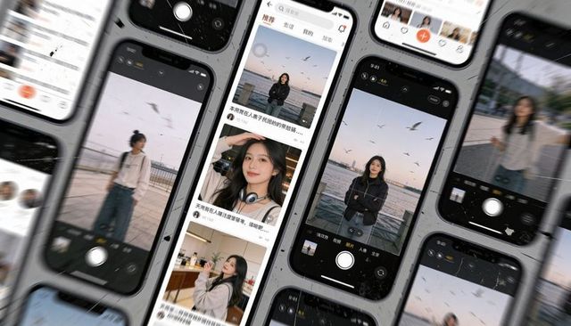 Standing asian woman crossing arms at waterfront on multiple smartphone screens collage