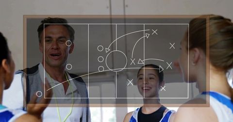 Coach training young athletes: tactical strategy on transparent board