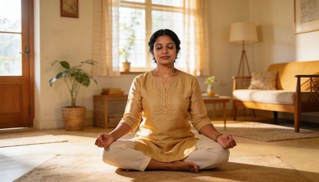Meditating woman practicing mindfulness in sunlit living room in mustard kurta
