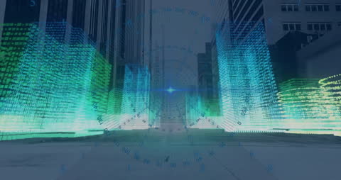 Futuristic Cityscape with Digital Data Visualization