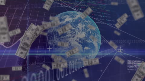 Digital Animation of Dollar Bills Falling Around Earth with Data Overlay