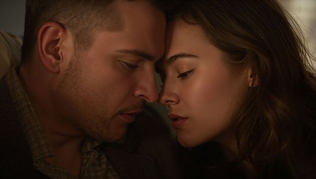 Couple leaning close sharing tender intimate moment in cozy low-light romantic portrait