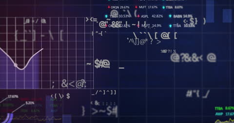 Digital Interface with Financial Data Symbols and Graphs