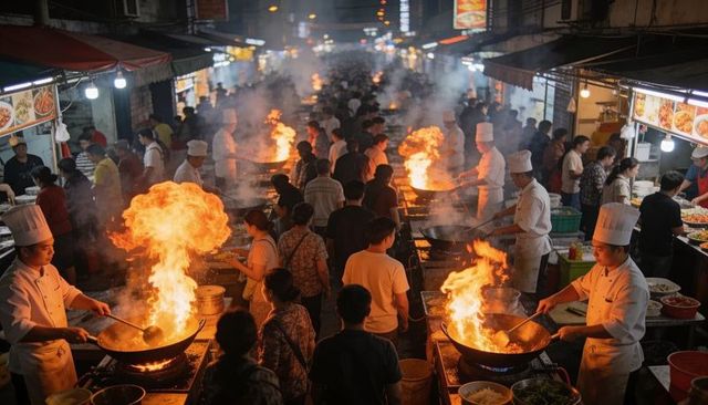 Chefs stirring flaming woks in busy night market alley with smoke, crowd and stalls
