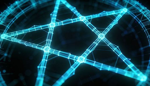 Neon holographic pentagram wireframe rotating in cyber network with glowing nodes