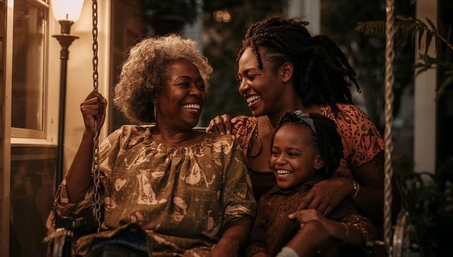 Multigenerational family laughing on porch swing at dusk, warm lamp glow
