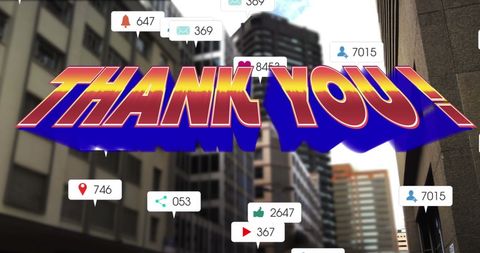 Dynamic thankful message over social media reaction icons in cityscape