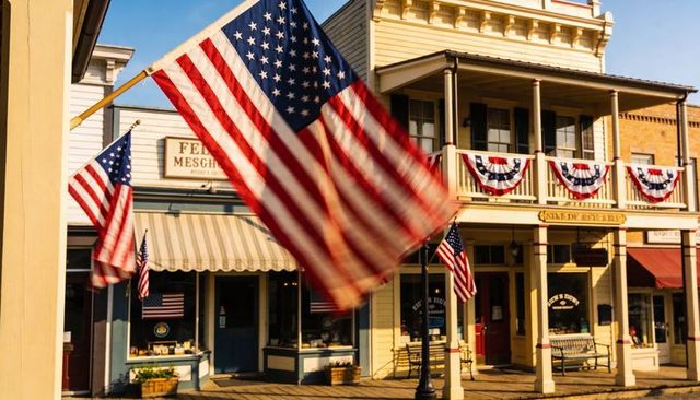 Historic main street lined with waving american flags and patriotic bunting at golden hour