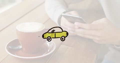 Hand-drawn car icon floating over latte and smartphone showing lifestyle contrast