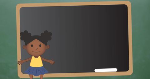 Cute Cartoon Black Girl Standing by Chalkboard with School Theme