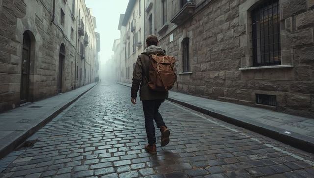 Walking lone traveler carrying brown backpack on wet cobblestone street in misty old town
