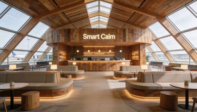 Circular wooden bar in skylit airport lounge with warm lighting and smart calm sign
