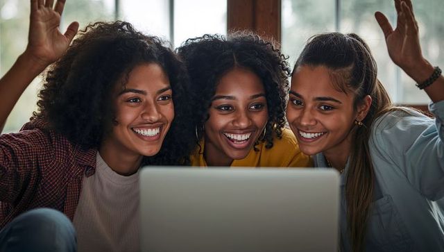 Three friends smiling and waving on laptop video call, cozy home teamwork and celebration