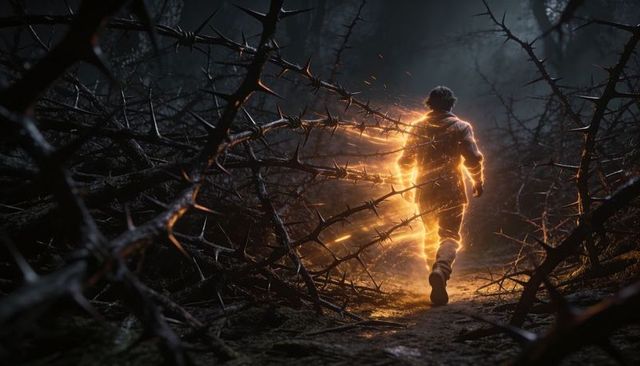 Walking figure entering thorn forest with golden ember aura and sparkling light trails