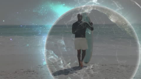 Digital Sphere Overlay on Beach Scene with Man and Surfboard