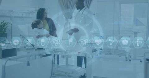 Doctor Consults Young Patient with Tech Overlay in Hospital Room