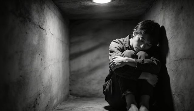 Asian woman sitting curled knees in claustrophobic concrete cell under bare light low-key