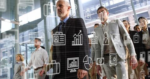 Business Team in Modern Atrium with Digital Overlay Icons