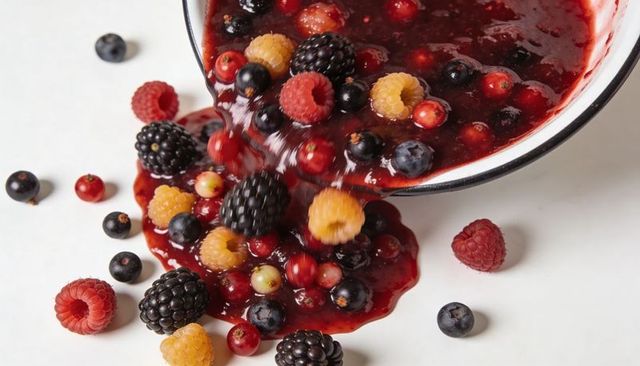 Pouring mixed berry compote from enamel bowl over scattered fresh berries on white surface