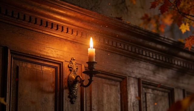 Antique wall sconce with burning candle casting amber light on carved wood paneling
