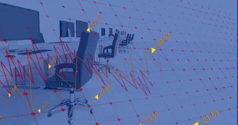 empty office with analytical data overlaying workstations - Download Free Stock Images Pikwizard.com