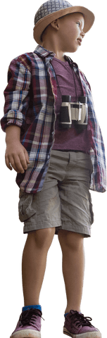 Playful Caucasian Boy in Plaid Shirt on Transparent Background