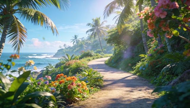 Sunlit winding serene coastal path through tropical palms and colorful flowers along ocean