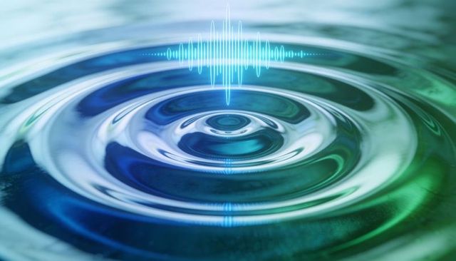 Cyan Soundwave Ripple Forming Glossy Blue-Teal Concentric Water Rings, Abstract Tech Visual
