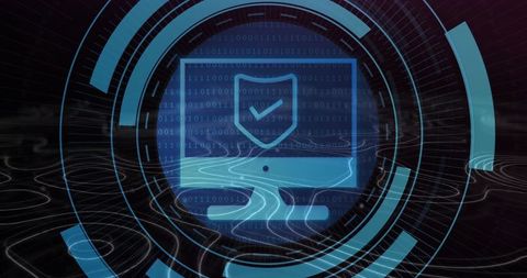 Glowing cyber shield monitor with hud rings and binary grid for data protection