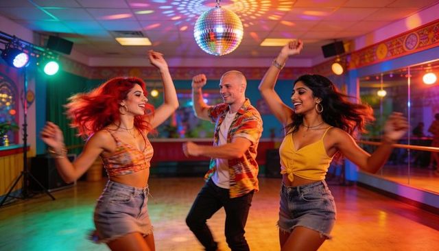 Energetic disco dance trio spinning under glittering disco ball in vibrant retro club