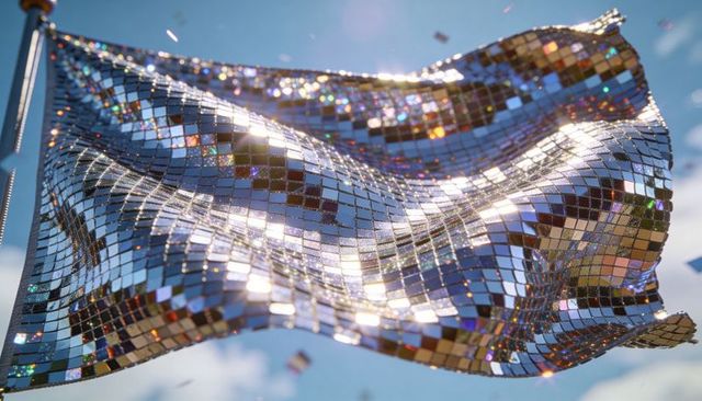 Mirrored mosaic flag rippling in sunlight with sparkling lens flares and confetti