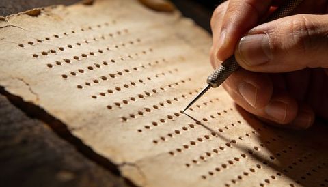 Hand-punching vintage perforated parchment with awl, close-up craftsmanship and texture