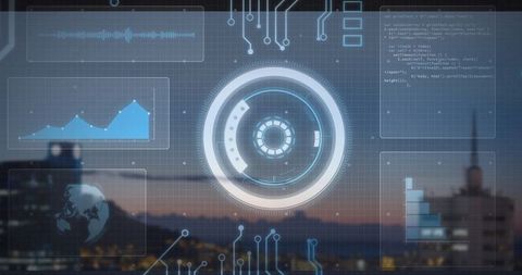 Futuristic Technology Interface over City Skyline at Dusk