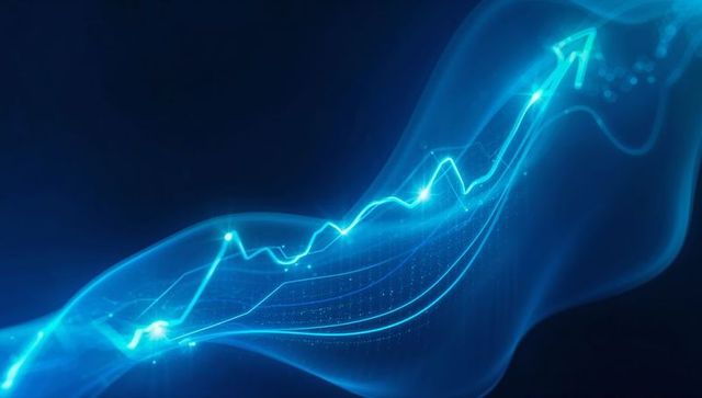 Cyan Blue Digital Wave Chart Rising Arrow with Glowing Nodes for Finance Tech Data Analytics