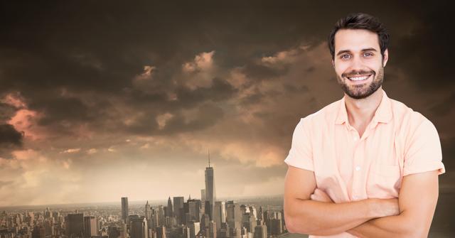 This image features a smiling man with arms crossed standing against a dramatic cityscape background. The combination of the confident pose and the urban setting makes it ideal for use in business promotions, personal branding, motivational content, and urban lifestyle blogs.