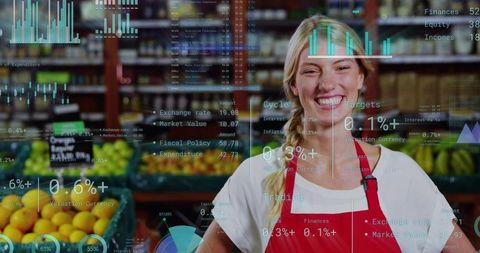 Smiling supermarket associate standing with citrus crates and financial data overlays