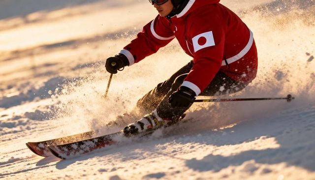 Carving skier in red jacket with Japan flag patch at golden hour on powdery slope