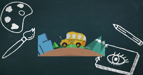 Creative School Icons on Chalkboard Theme with School Bus