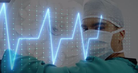 Surgeon in Operation Room with Heart Rate Monitor Overlay