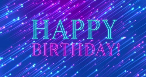 Neon happy birthday greeting card with glowing light streaks, particles and typography