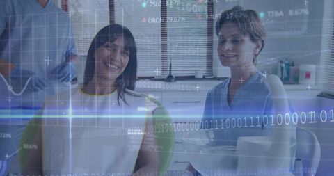 Smiling dental patient and clinician in tech-enhanced operatory with data overlay visualization