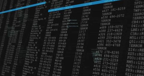 Server log console displaying monospaced text columns with cyan highlight and error flags