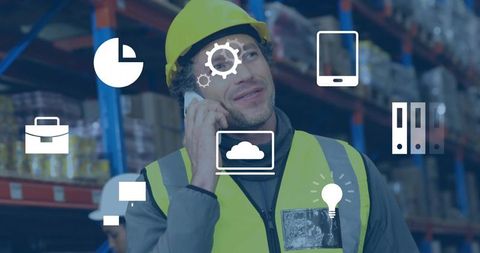 Warehouse manager using smartphone with cloud logistics icons for fulfillment operations
