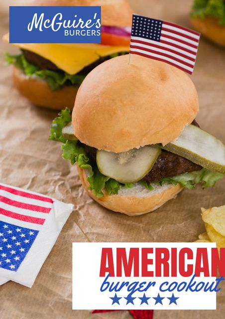Perfect for restaurant menus, food advertisements, and social media promotions. Ideal for highlighting American cuisine during Independence Day, July 4th celebrations, and patriotic events. Can be used for both print and digital marketing materials to draw attention to special offers and promotions for American eateries.