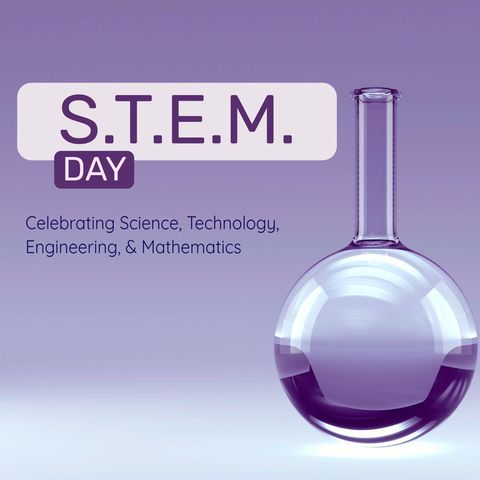 stem day illustration with laboratory flask on purple background - Download Free Stock Templates Pikwizard.com